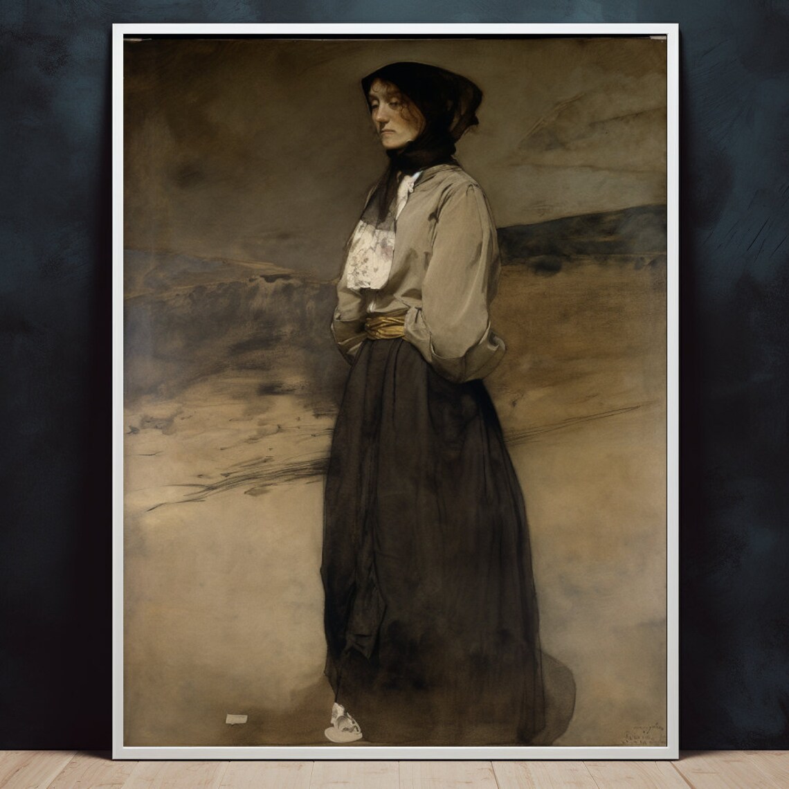 Woman In Dark Cloak Standing Alone In Bleak Earthy Landscape Tonal Portrait Poster