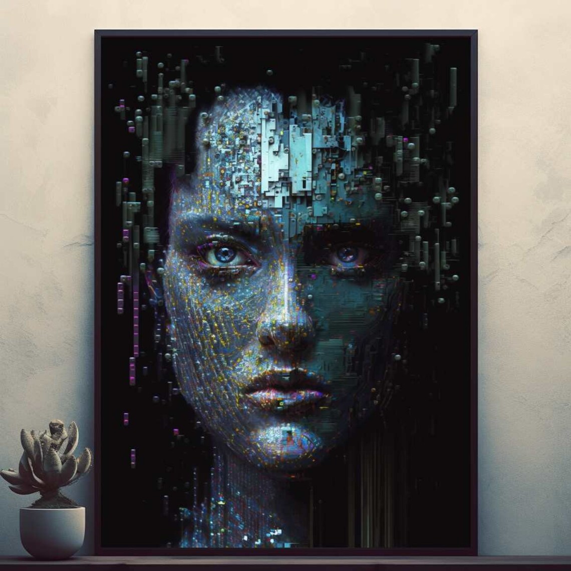 Digital Woman Portrait Made of Circuit Fragments Modern Wall Art