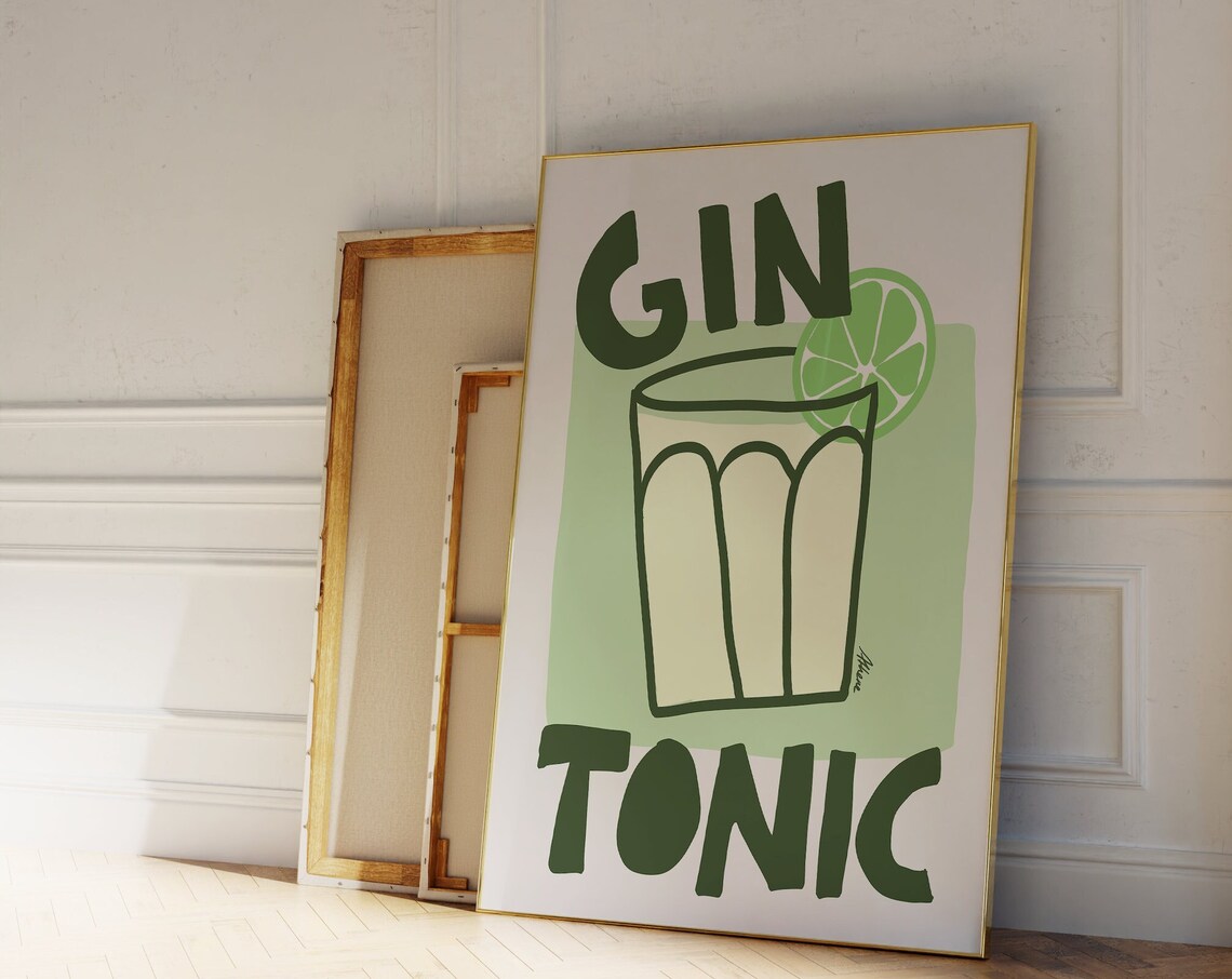 Classic Gin and Tonic Cocktail Illustration Modern Bar Cart Poster