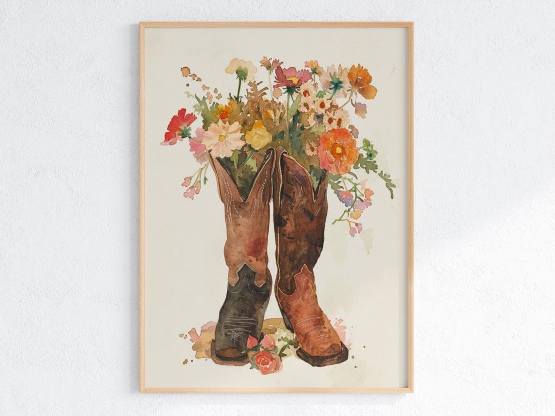Watercolor Cowboy Boots With Wildflowers Rustic Western Floral Poster
