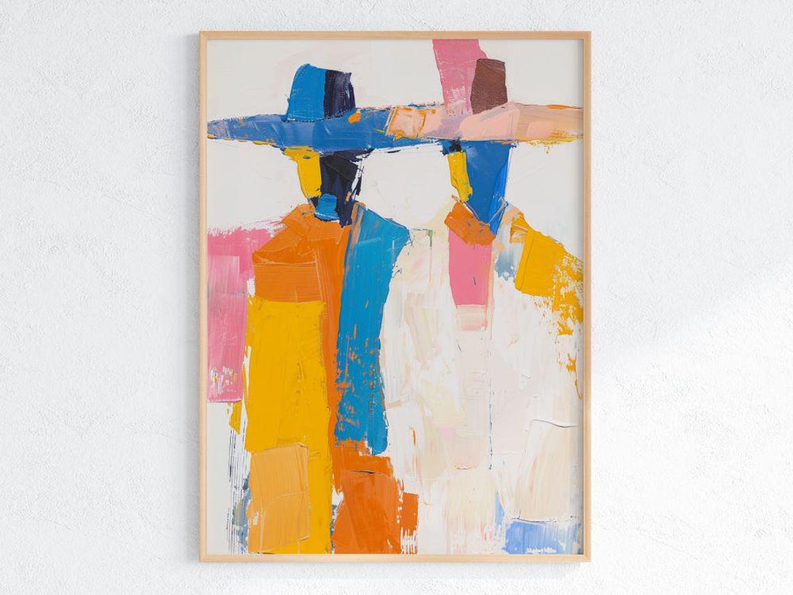 Two Cowboy Figures Back View Bold Blue Orange Brushwork Poster