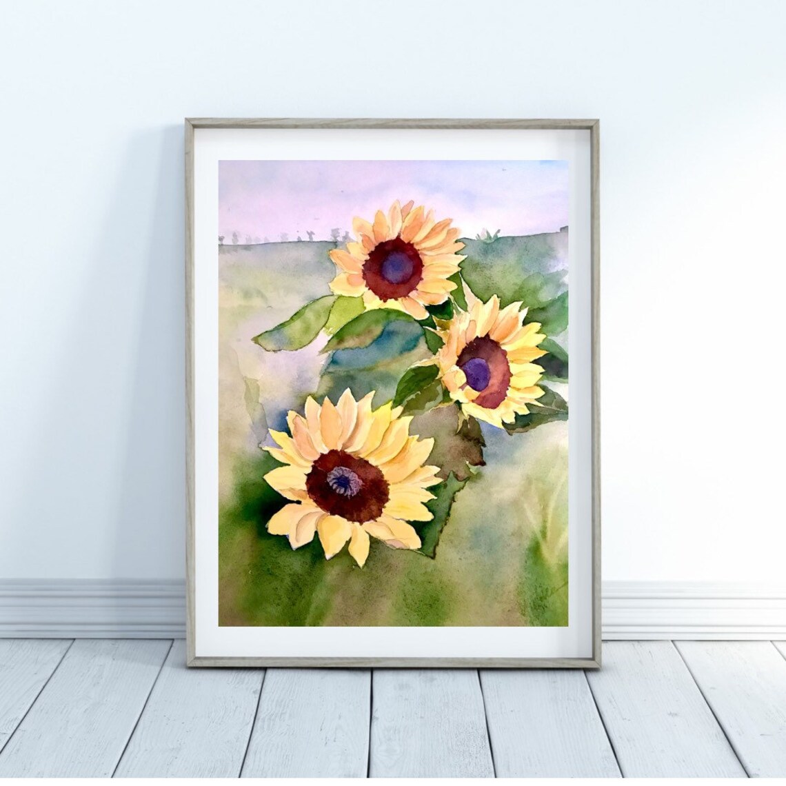 Three Golden Sunflowers in a Bright Summer Field Watercolor Poster - Image 3