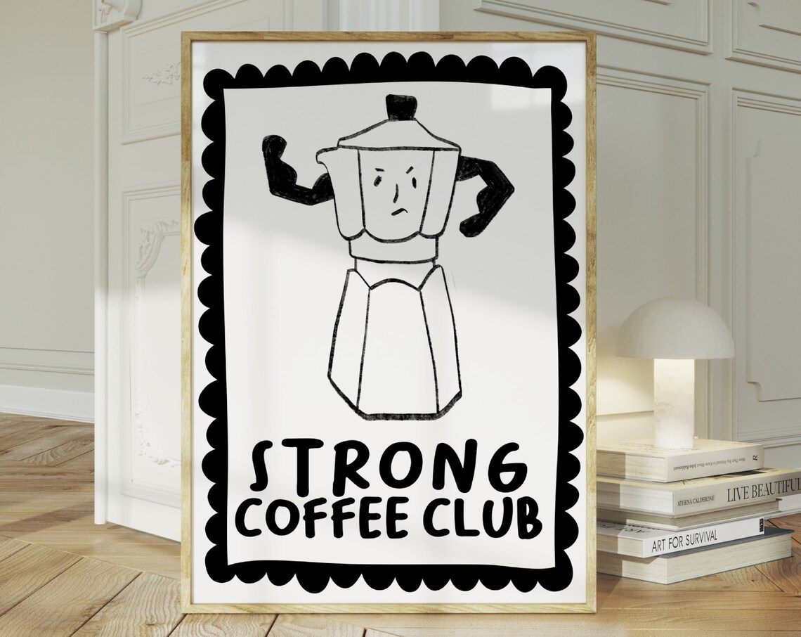 Strong Coffee Club Flexing Moka Pot Funny Black White Coffee Poster - Image 2