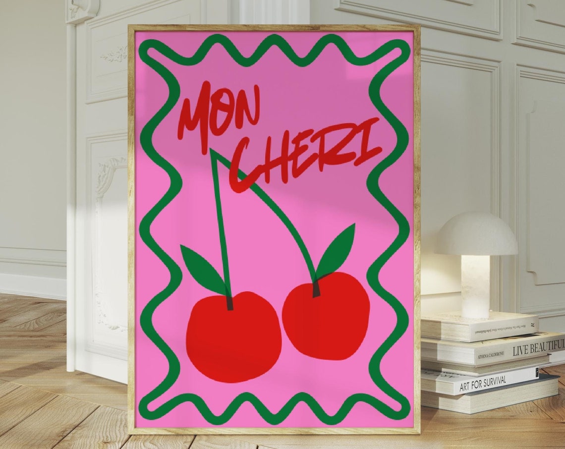 Mon Cheri Print Retro Cherry Poster French Cherry Wall Art Bright Kitchen Decor