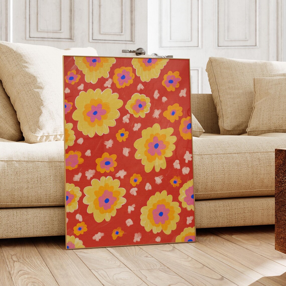 Retro Yellow Pink Flowers Red Orange Bold Floral Pattern Wall Poster
