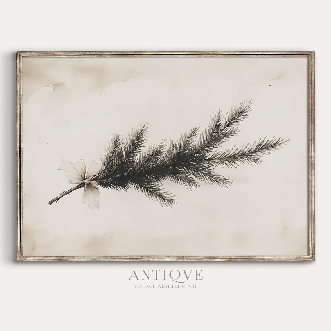 Evergreen Branch With Beige Ribbon, Rustic Holiday Art - Image 4