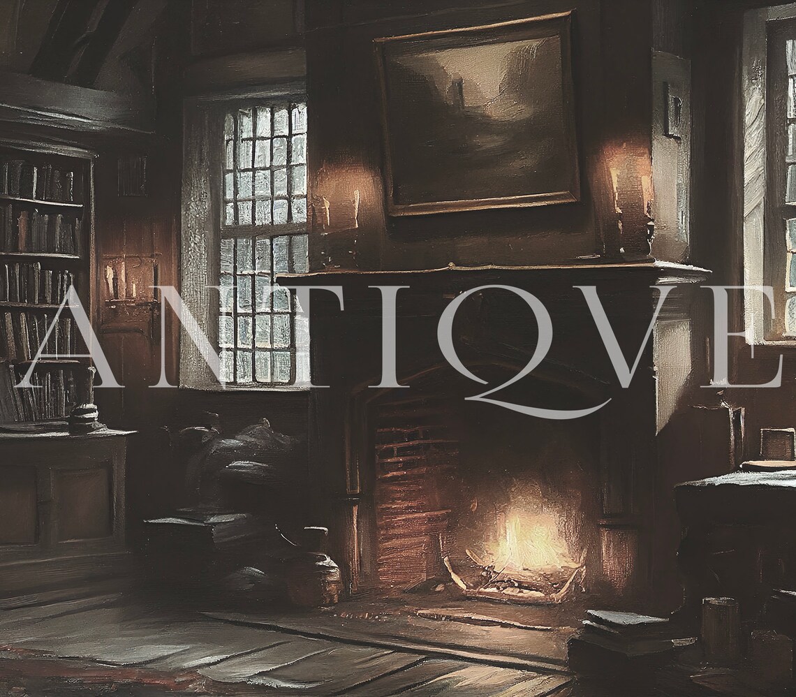 Moody Cottage Living Room Fireplace, Vintage Bookish Art Print - Image 3