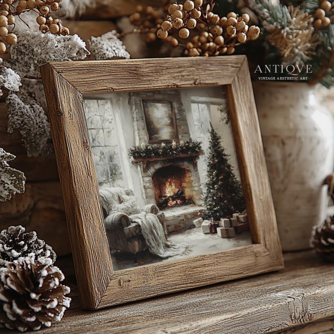 Warm Stone Fireplace With Christmas Tree And Gifts Winter Room Poster - Image 3