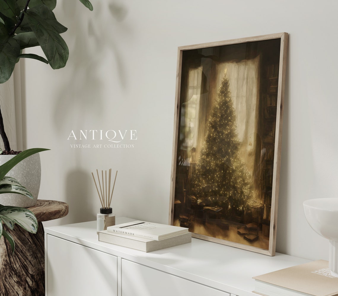 Glowing Christmas Tree In Dark Library Moody Holiday Painting Poster - Image 4