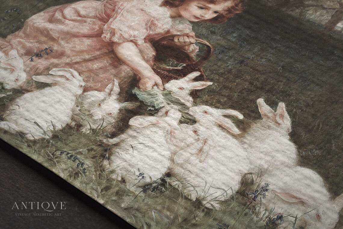 Little Girl Feeding Bunnies, Vintage Nursery Art Print - Image 4