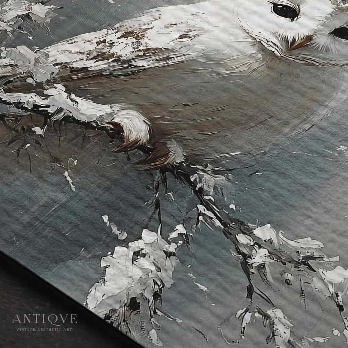 White Owl Perched On Snowy Branch Close Up Wildlife Painting Poster - Image 2