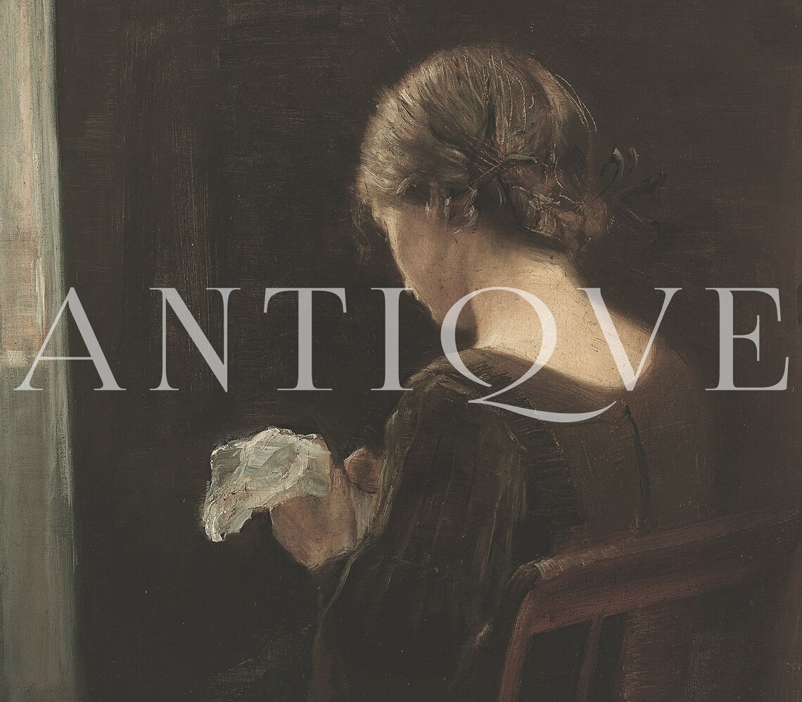 Woman Sewing Antique Oil Painting Art Print - Image 2
