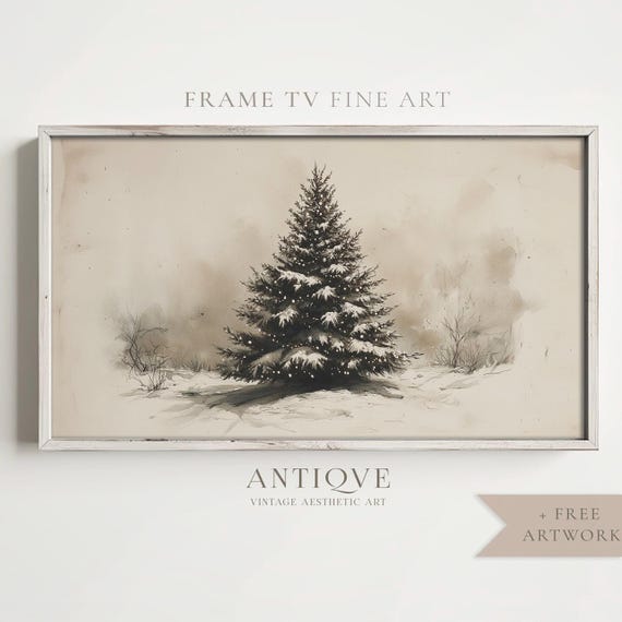 Frame Tv Snowy Pine Tree Neutral Fir Tree Sketch Rustic Holiday Decor 2546tv