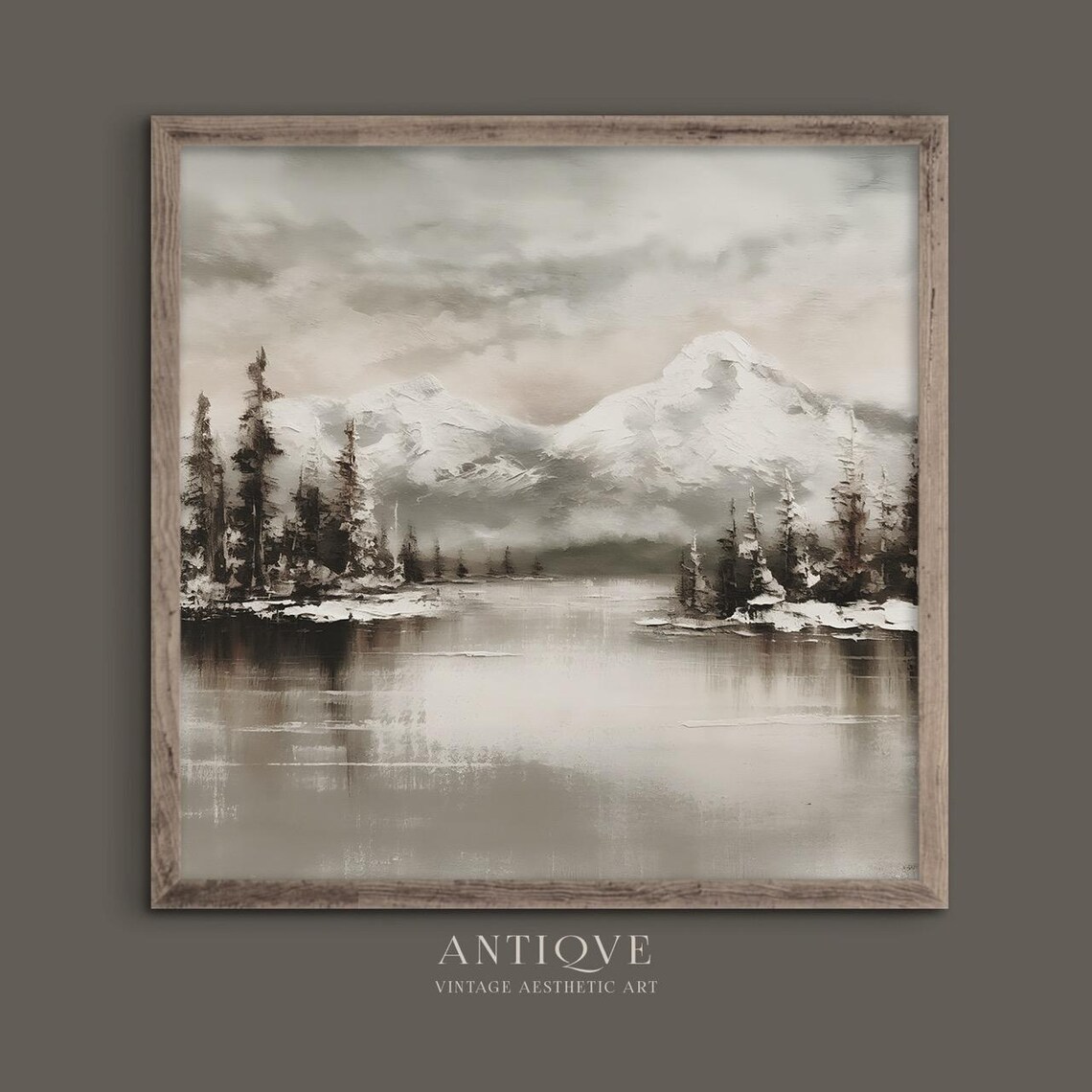 Textured Snowy Mountain Lake Pines Moody Winter Landscape Wall Art