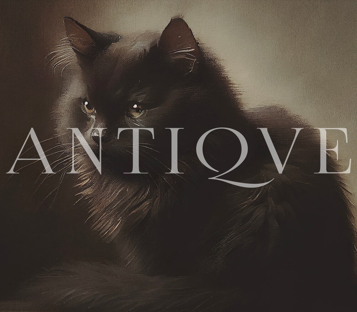 Moody Black Cat Oil Painting Print, Antique Art - Image 3