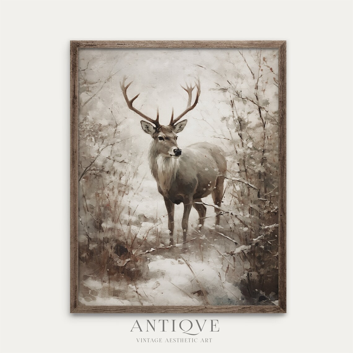 Winter Reindeer in the Snow, Rustic Christmas Art Print