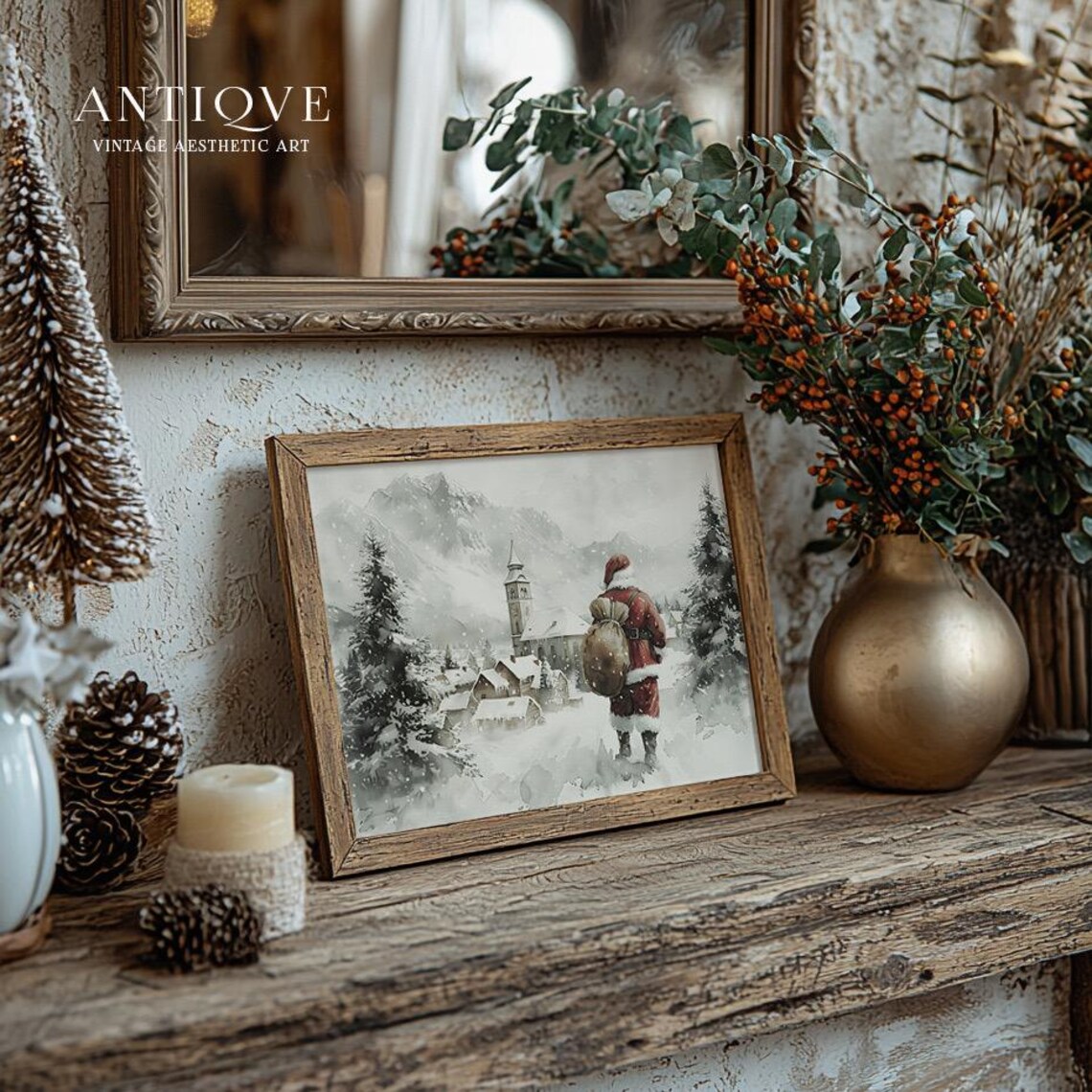 Santa Claus Walking To Snowy Village Watercolor Christmas Art Poster - Image 2