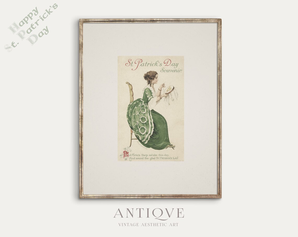 St Patrick's Day Souvenir Lady in Green Vintage Postcard Poster