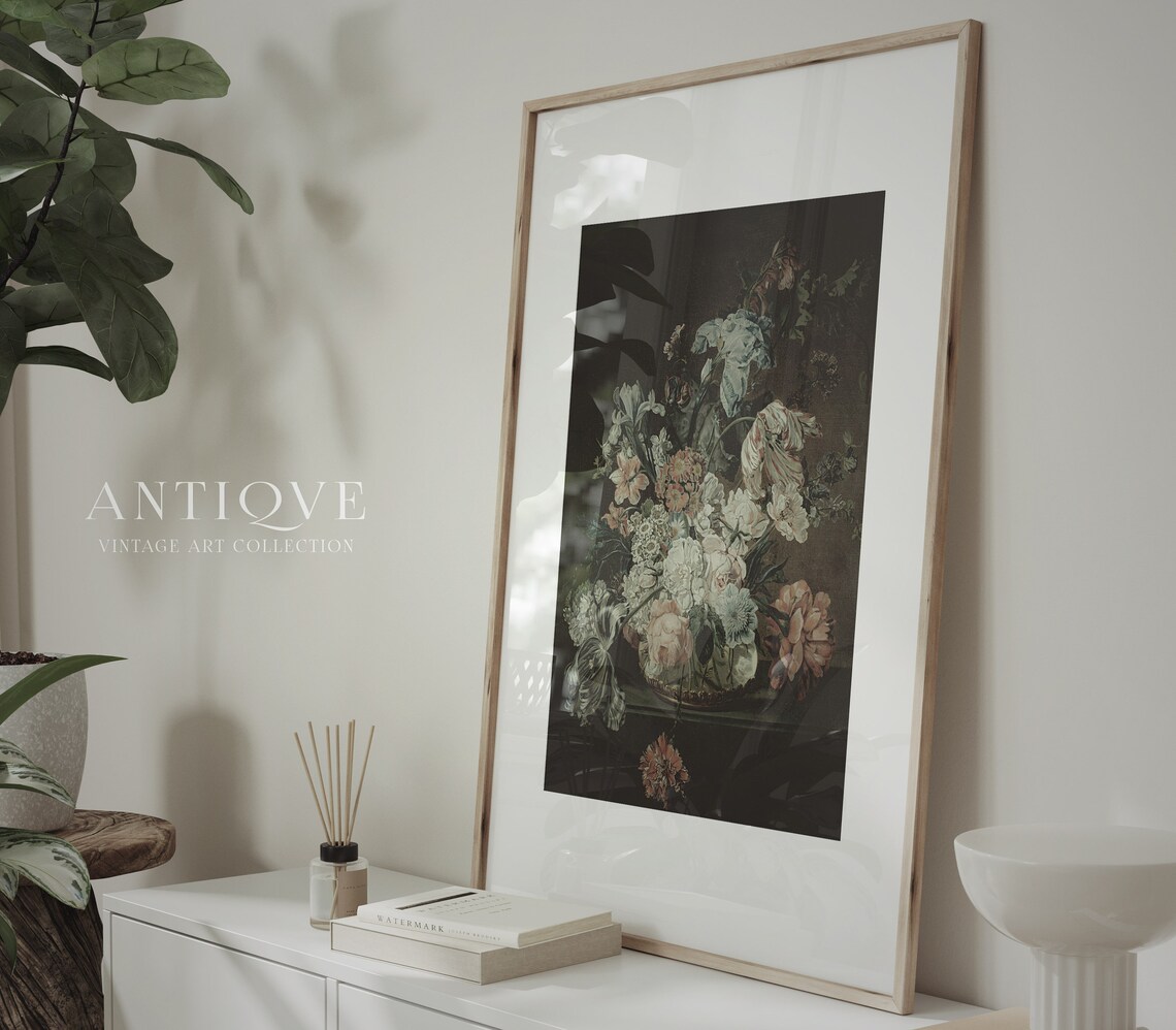 Moody Floral Oil Painting Vintage Art Print - Image 4