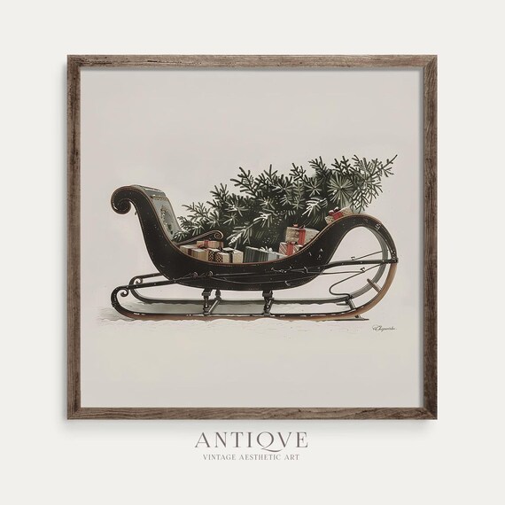 Vintage Sleigh With Christmas Tree, Farmhouse Art Print