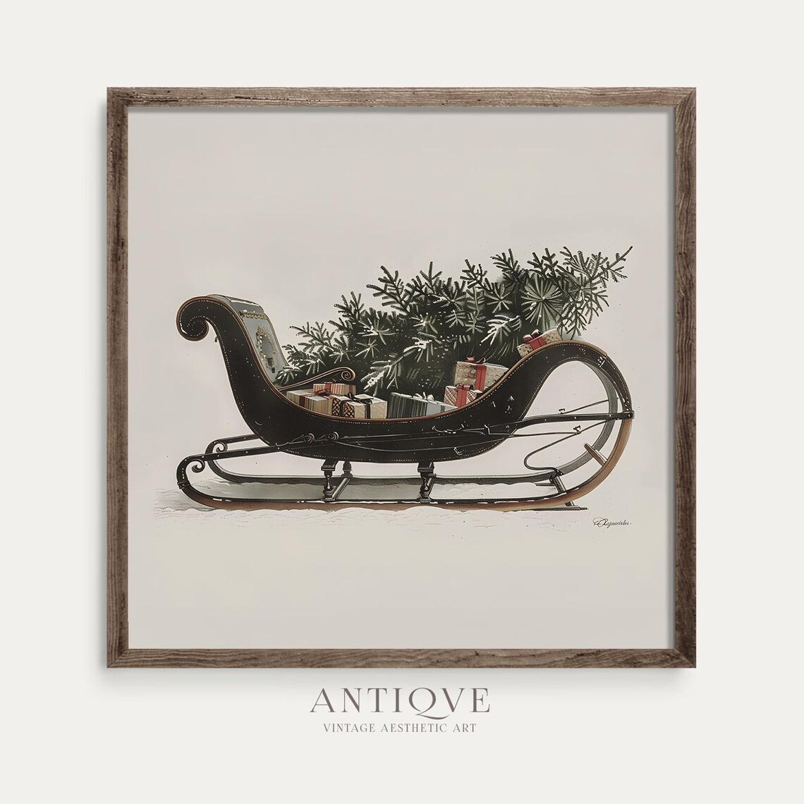 Vintage Sleigh With Christmas Tree, Farmhouse Art Print