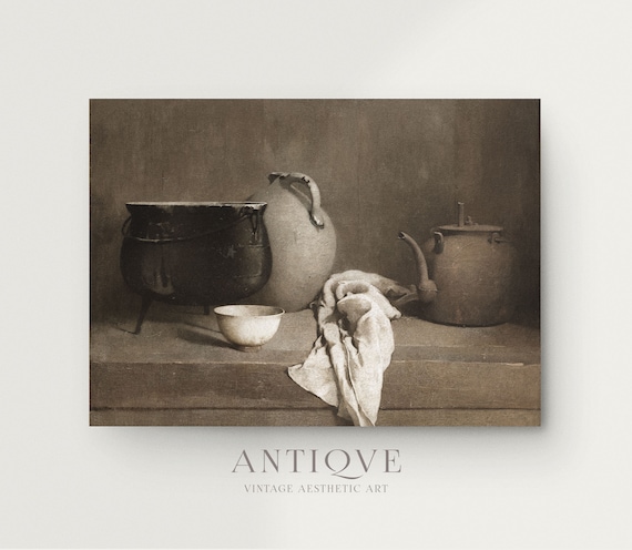 Antique Kettle Clay Jug Dark Kitchen Vintage Still Life Print