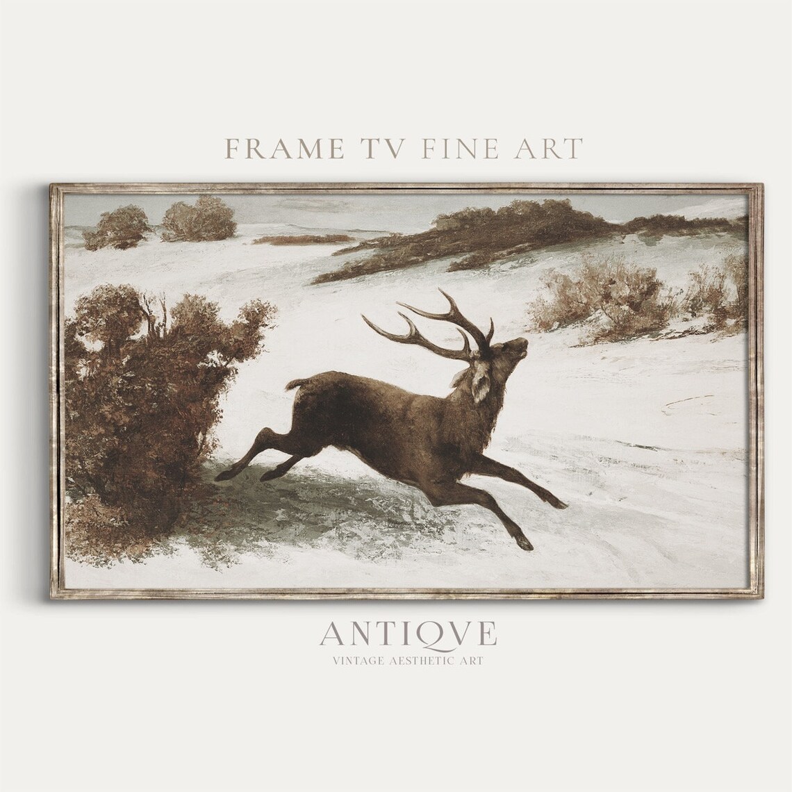 Leaping Stag in Snow Vintage Winter Wildlife Painting Art Print - Image 3