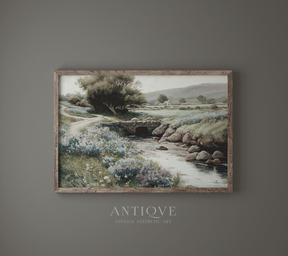 Irish Landscape Painting Stream With Flowers, Art Print - Image 4