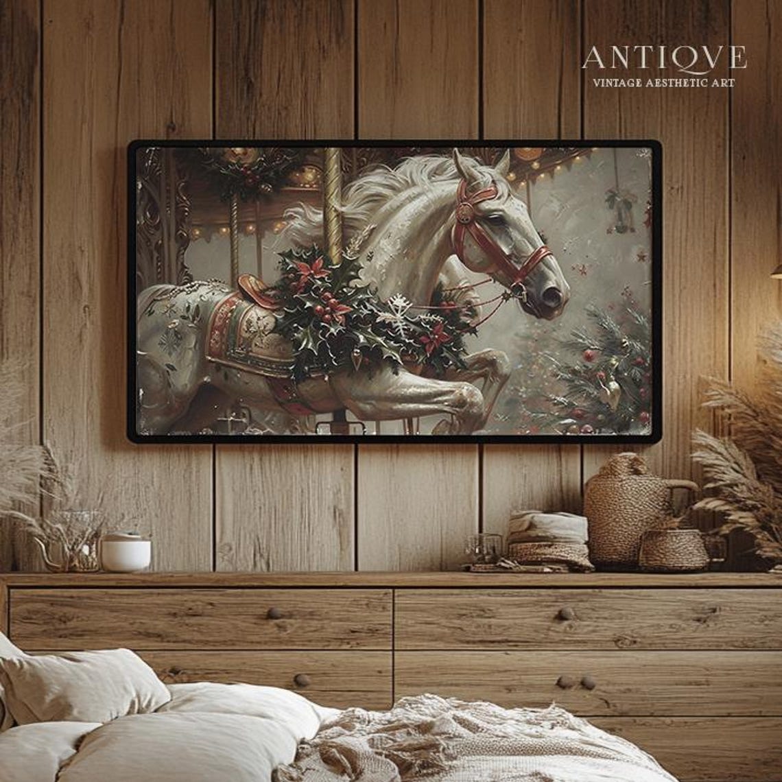 Carousel Horse Decorated with Holly Garland Festive Christmas Wall Art