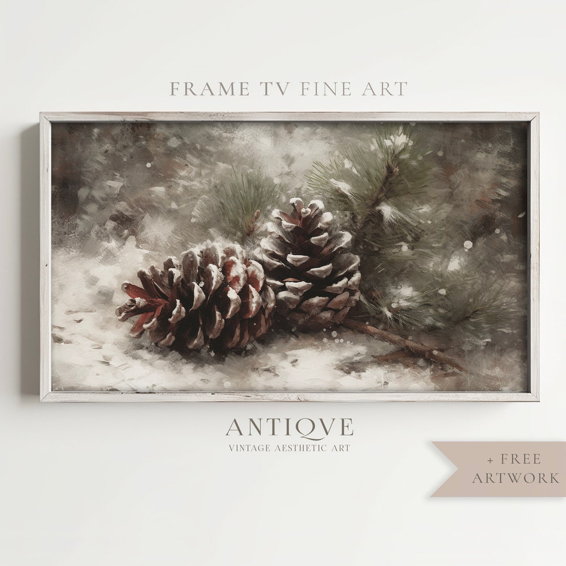 Snow Covered Pinecones Winter Still Life Vintage Painting Art Print