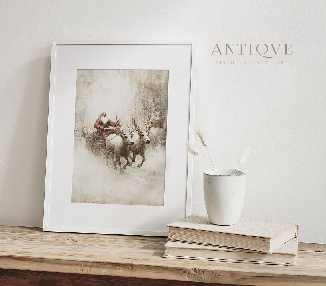 Santa Claus on Sled Reindeers, Rustic Christmas Art Print - Image 4