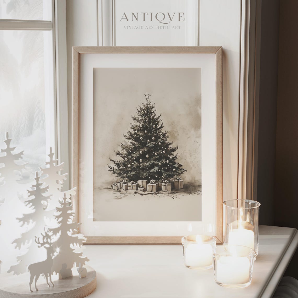 Neutral Christmas Tree Sketch with Ornaments Gifts Vintage Wall Art - Image 4