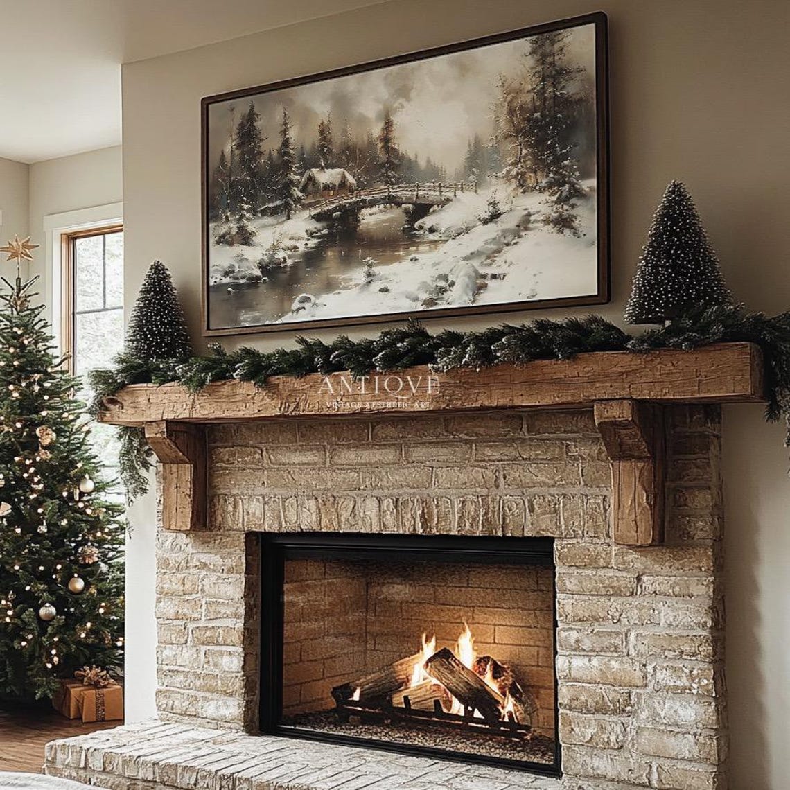 Snowy Wooden Bridge Cottage Rustic Winter Landscape Painting Wall Art - Image 4