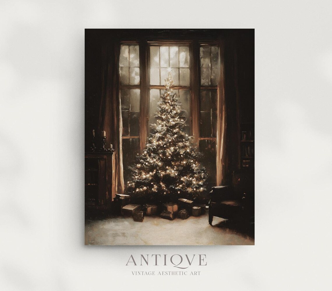 Elegant Christmas Tree by Window, Winter Room Scene Art Print - Image 2