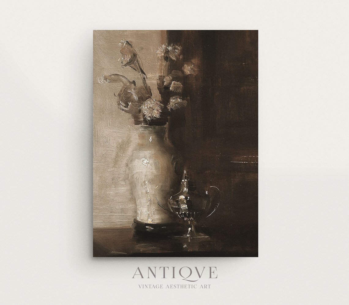 Moody Vintage Floral Still Life Cream Flowers In Vase Oil Painting Print Vintage Wall Art 798