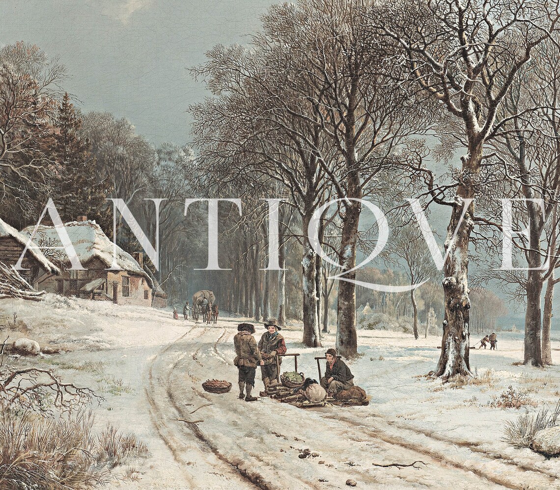 Antique Winter Village Snow Scene Oil Painting Signed 1895 Art Print - Image 4