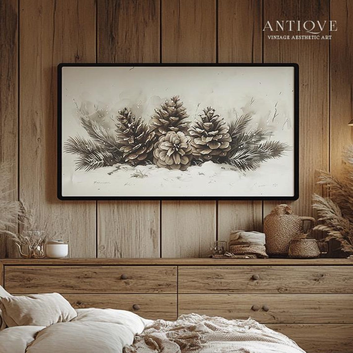 Rustic Pinecone Christmas Sketch Neutral Winter Fine Art Print - Image 2