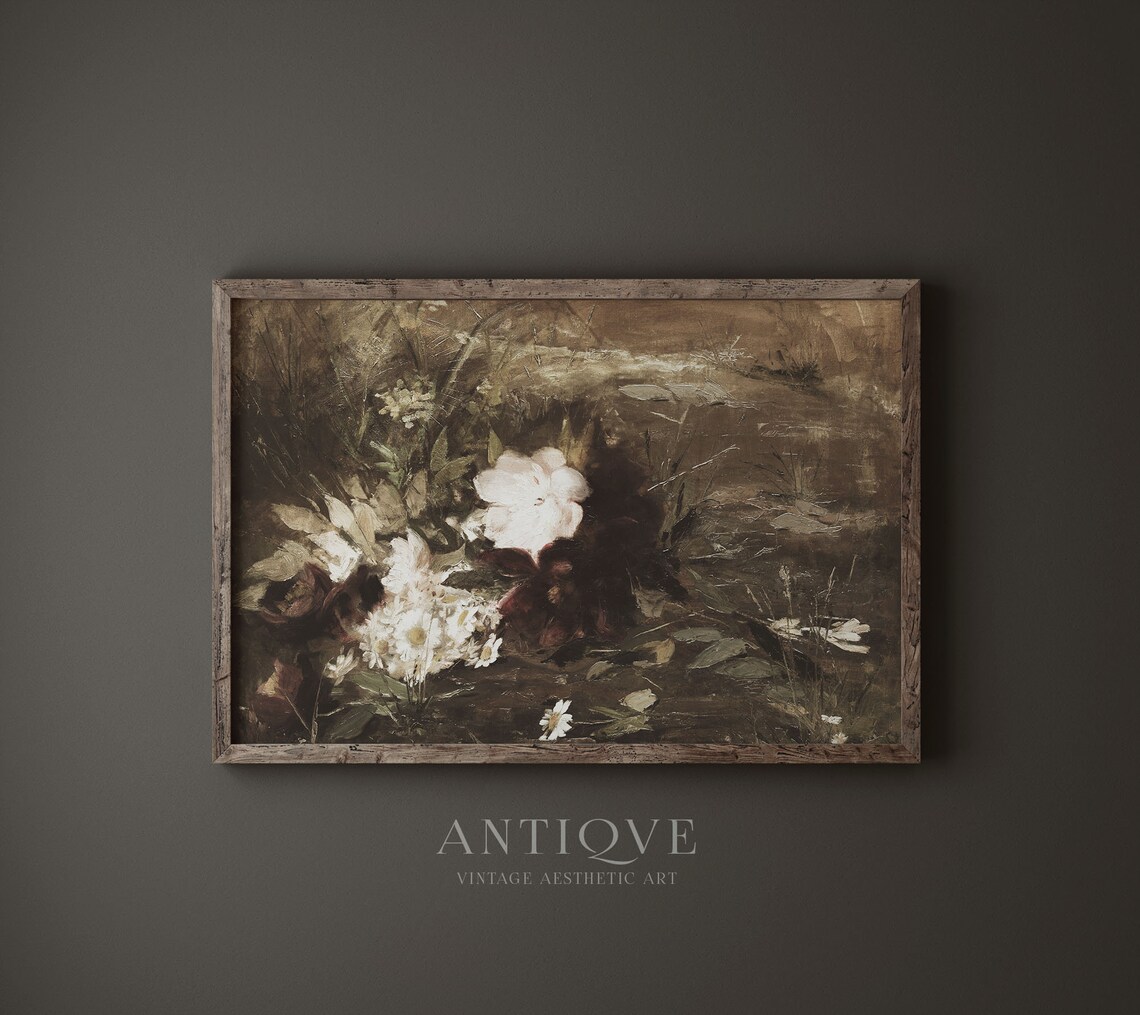 Wild White Blossoms Dark Meadow Vintage Floral Painting Print - Image 3
