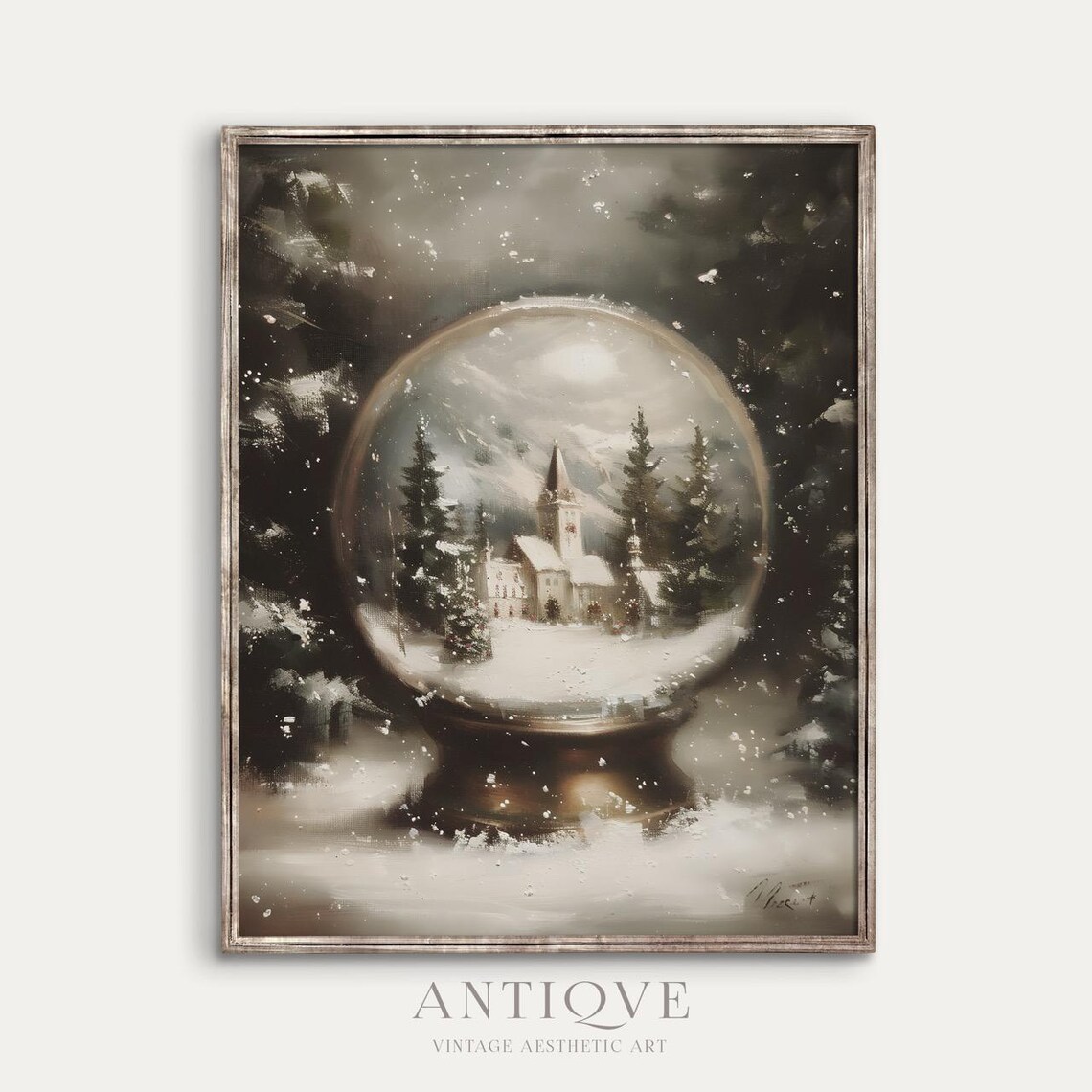 Christmas Snow Globe With Snowy Church Village Painting Art Poster
