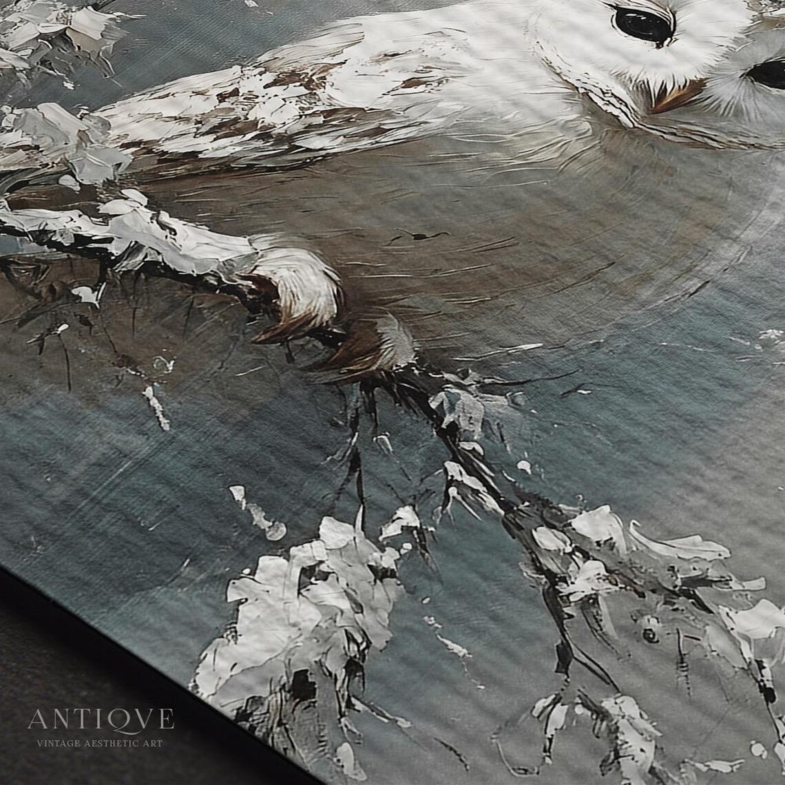 White Owl Resting On Frosted Branch Winter Nature Painting Poster - Image 3