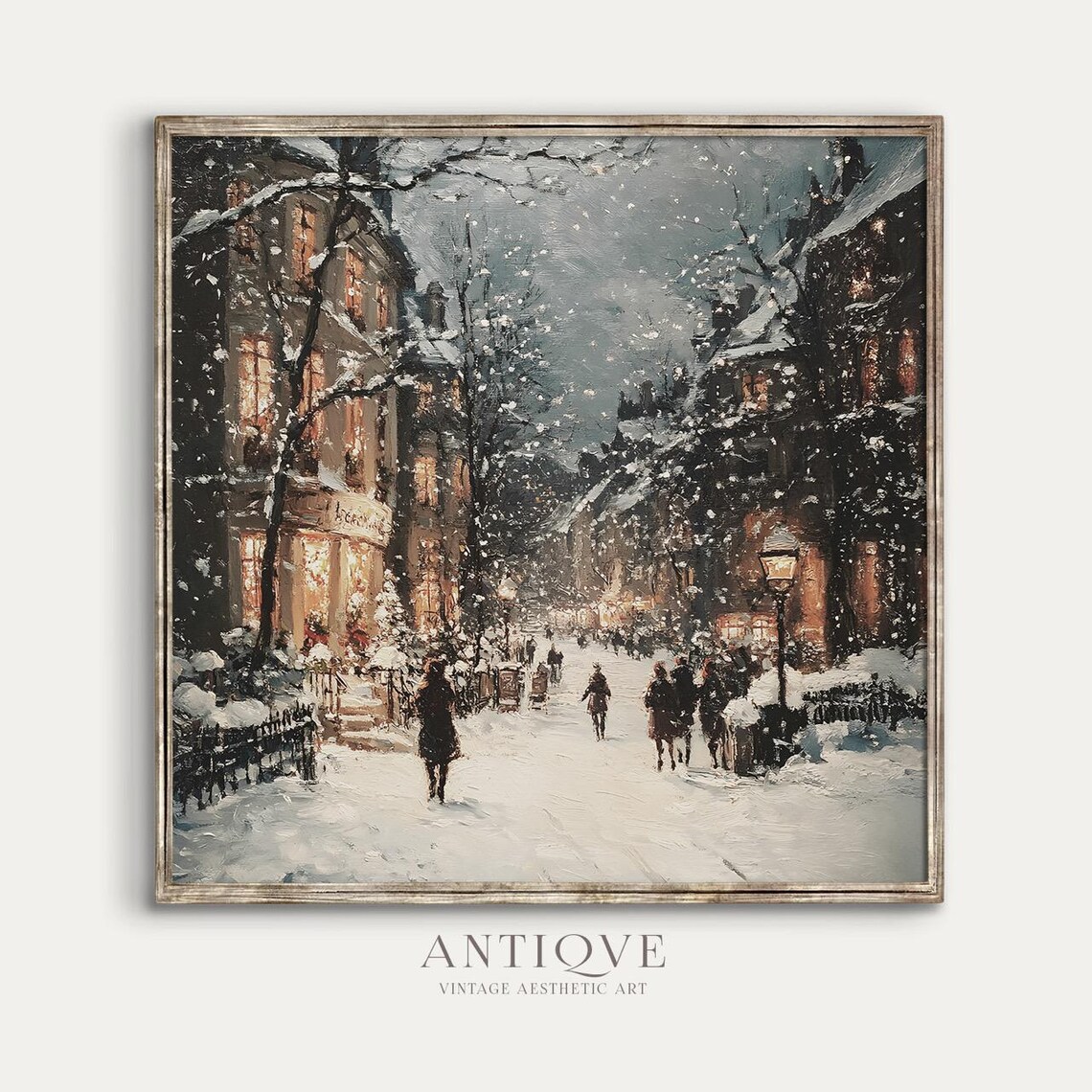Cozy Snowy Village Street At Night Square Winter Painting Poster - Image 2