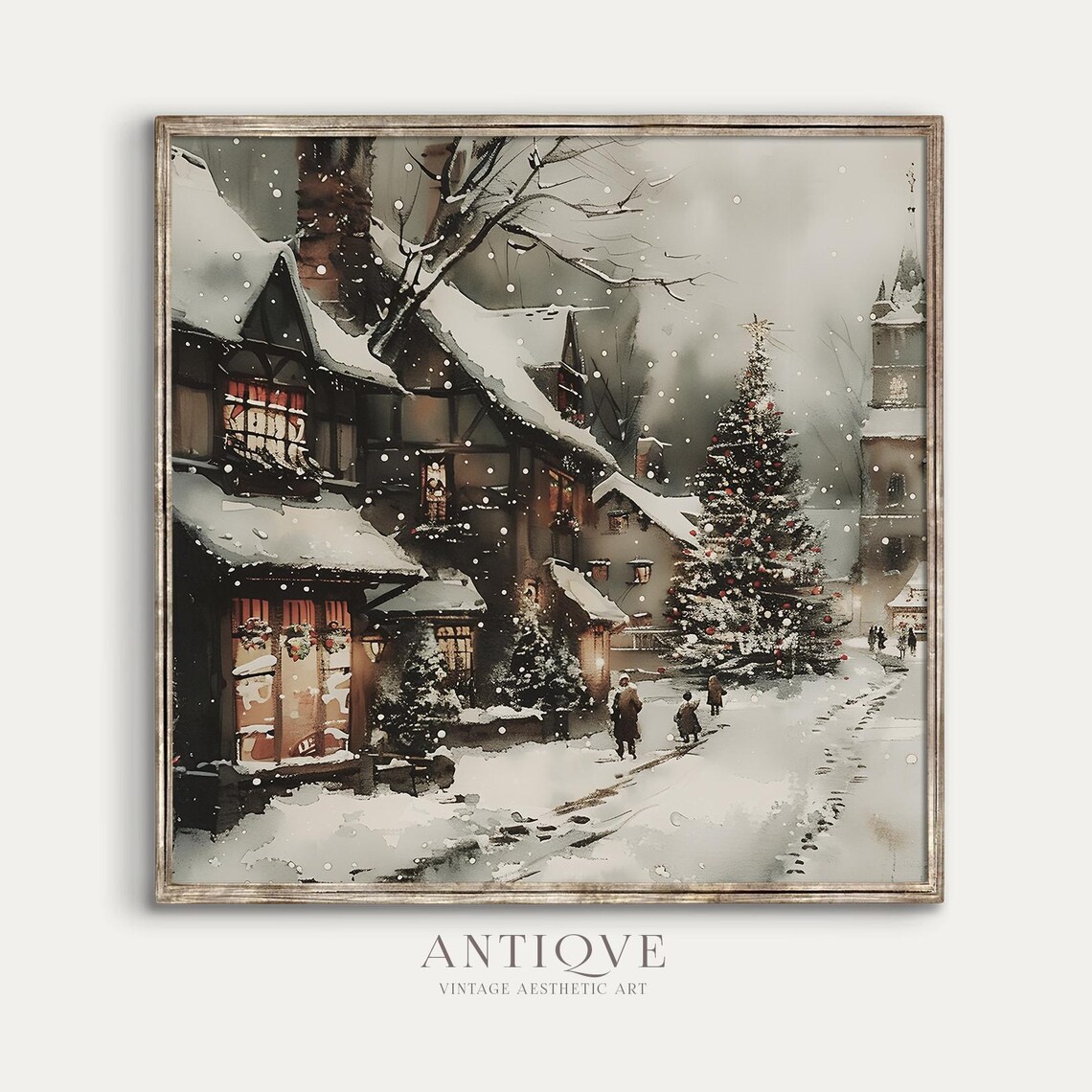 Christmas Village Street With Big Lit Tree At Night Snow Art Poster - Image 3