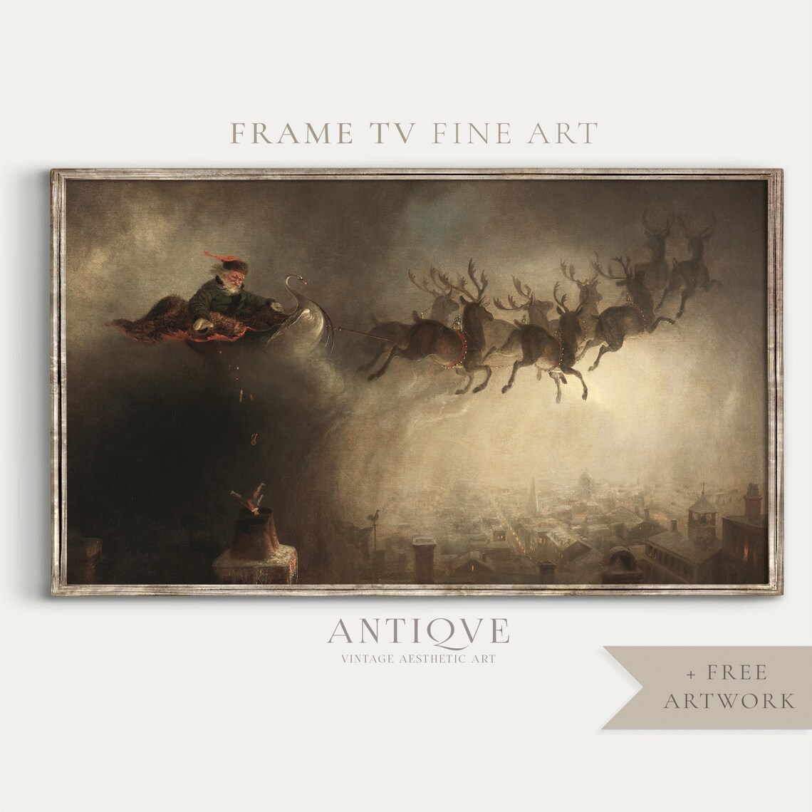Father Christmas Flying Over Rooftops Vintage Night Painting Print