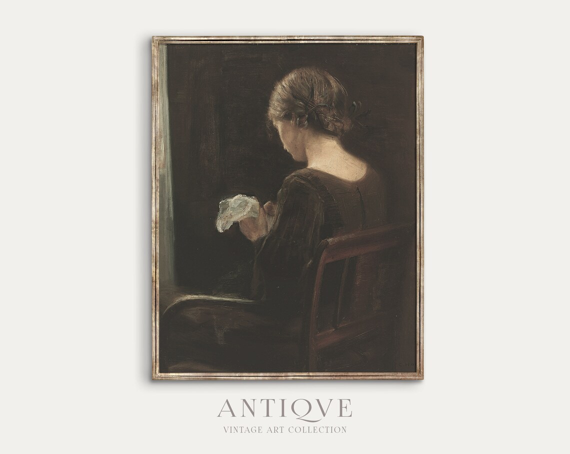 Woman Sewing Antique Oil Painting Art Print