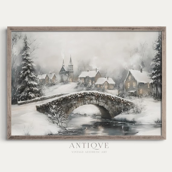 Snowy Bridge In Village, Rustic Winter Landscape