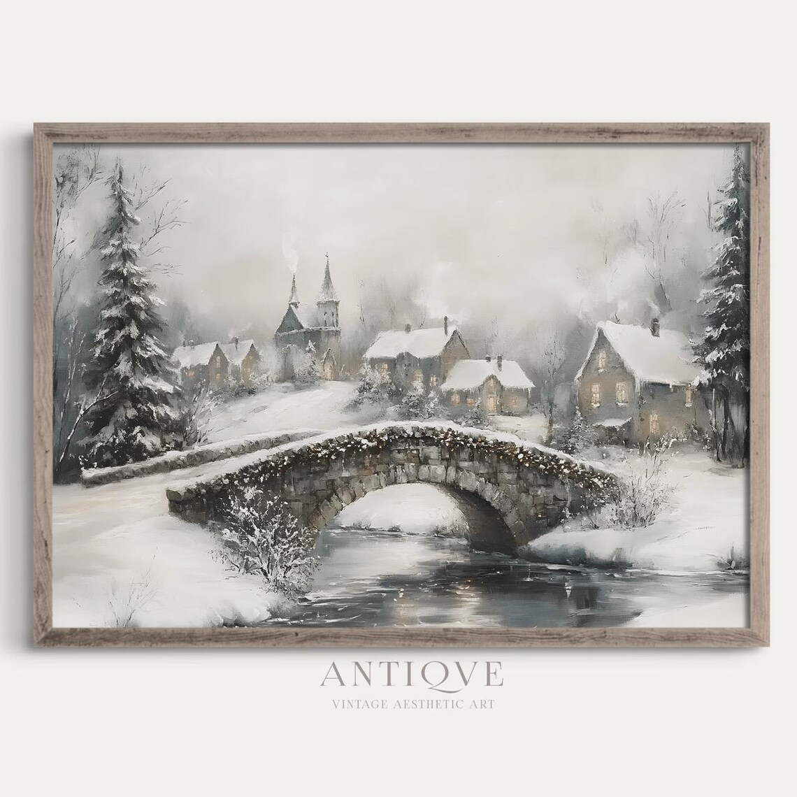 Snowy Bridge In Village, Rustic Winter Landscape