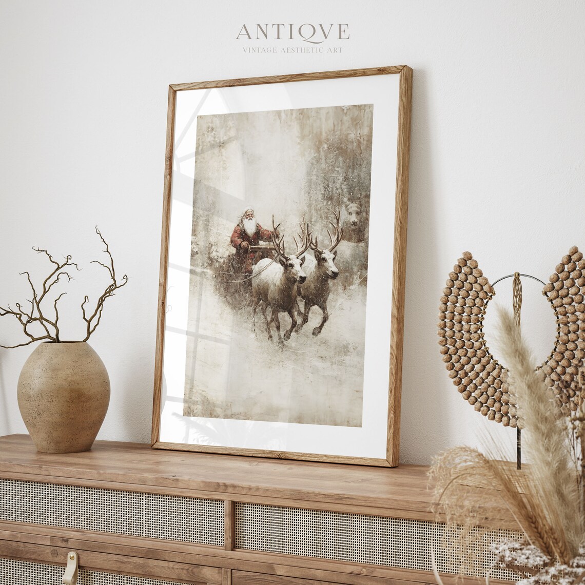 Santa Claus on Sled Reindeers, Rustic Christmas Art Print - Image 2