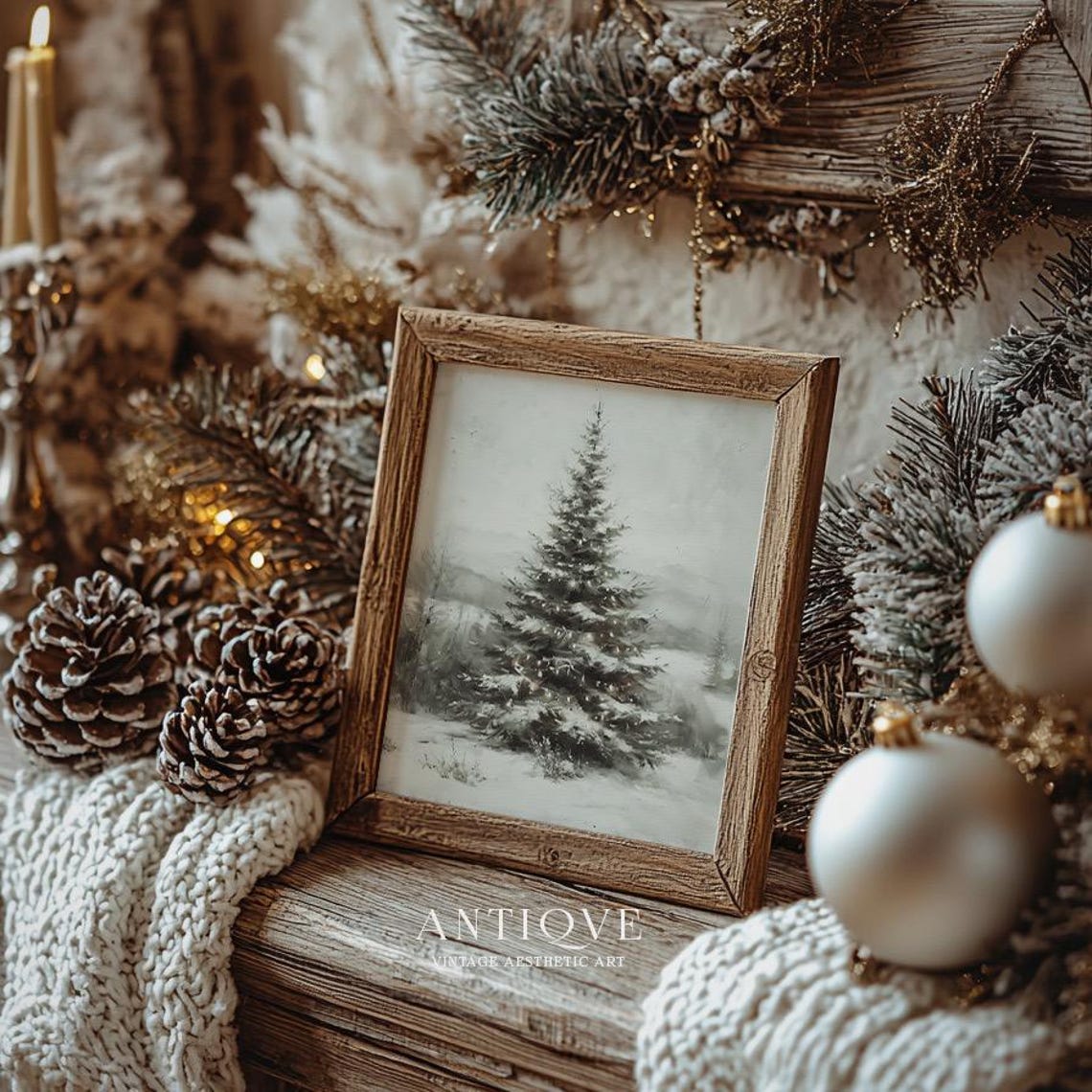 Snow Covered Pine Tree With Twinkle Lights Winter Scene Poster - Image 2