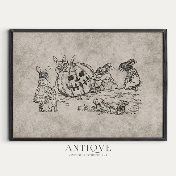 Vintage Rabbits Carving Pumpkin Halloween Storybook Engraving Print