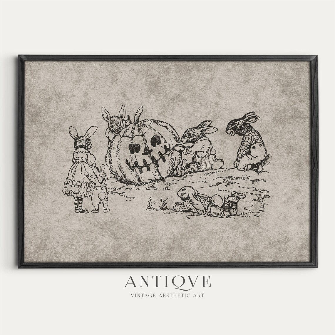 Vintage Rabbits Carving Pumpkin Halloween Storybook Engraving Print